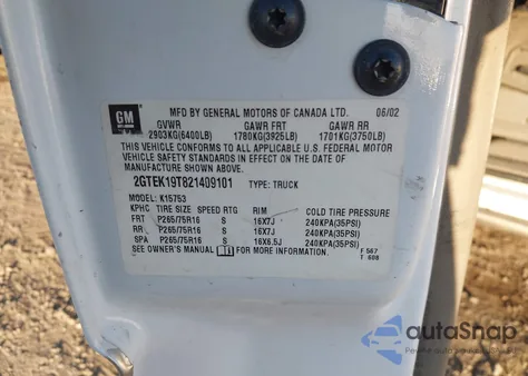 2002 GMC Sierra 1500 Sle from USA, damaged, VIN 2GTEK19T821409101